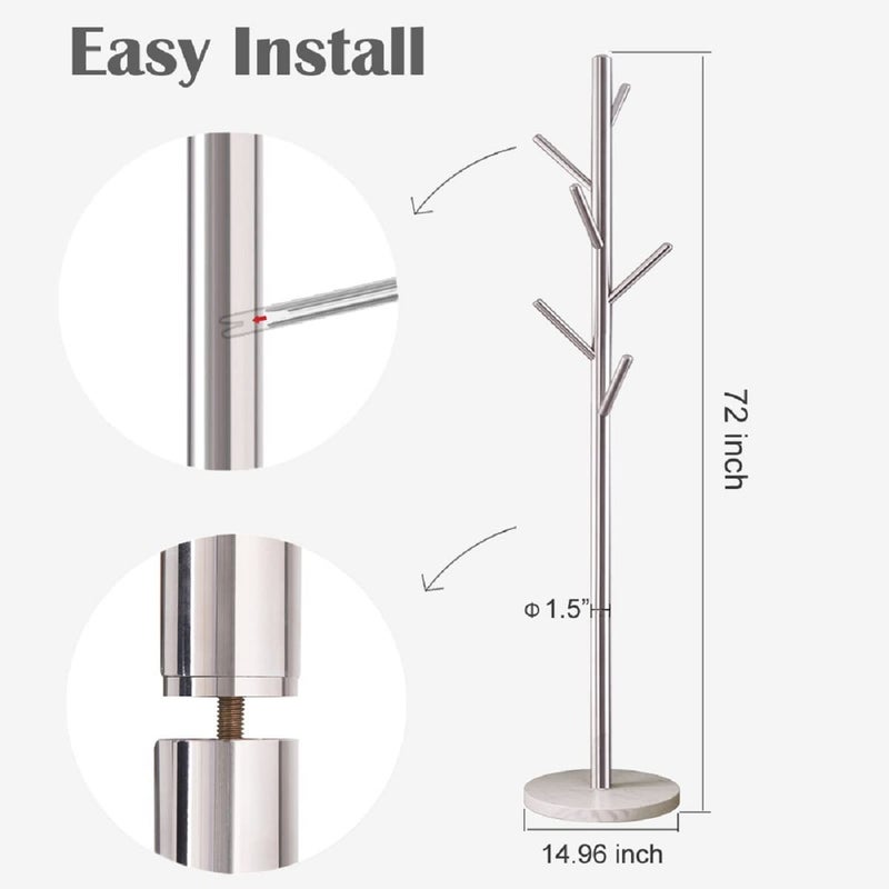 Jolitac Metal Coat Rack Stand Satin Steel Finish Stable Marble Base, High-Grade with Hooks Metal Tree Hat & Coat Hanger Floor Free Standing Wall Bedroom Easy Assembly (Satin Steel) - Image 4